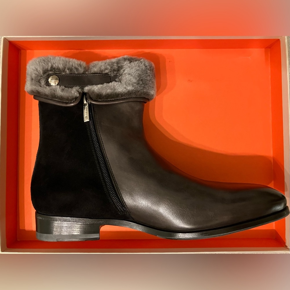 ~One Of a Kind~ SANTONI FUR LINED DRESS BOOTS LEATHER SUEDE BLACK NEW IN BOX 7.5